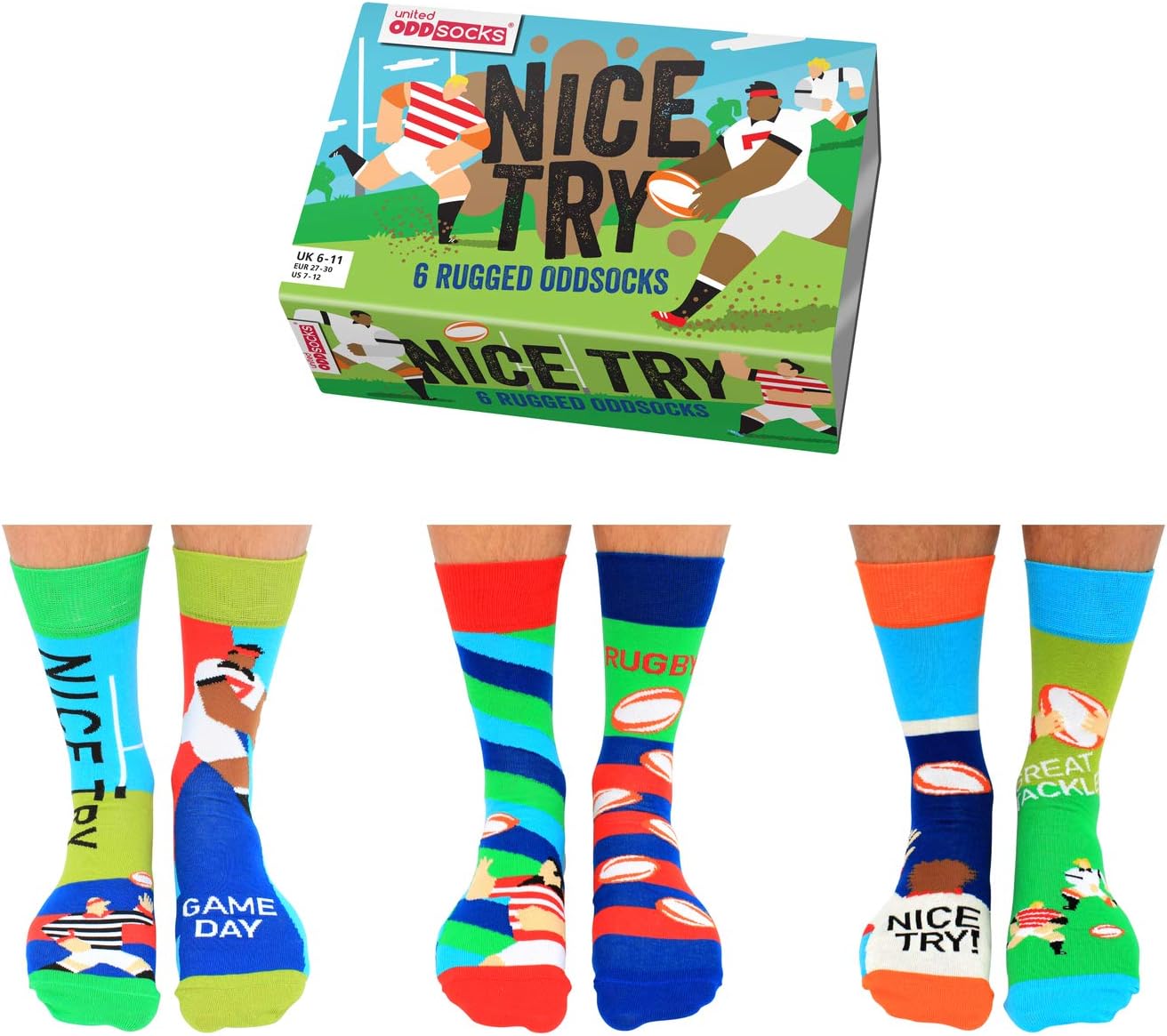 Nice Try - Box of 6 Mens Oddsocks, UK 6-11, EUR 39-46, US 7-12, Multicoloured