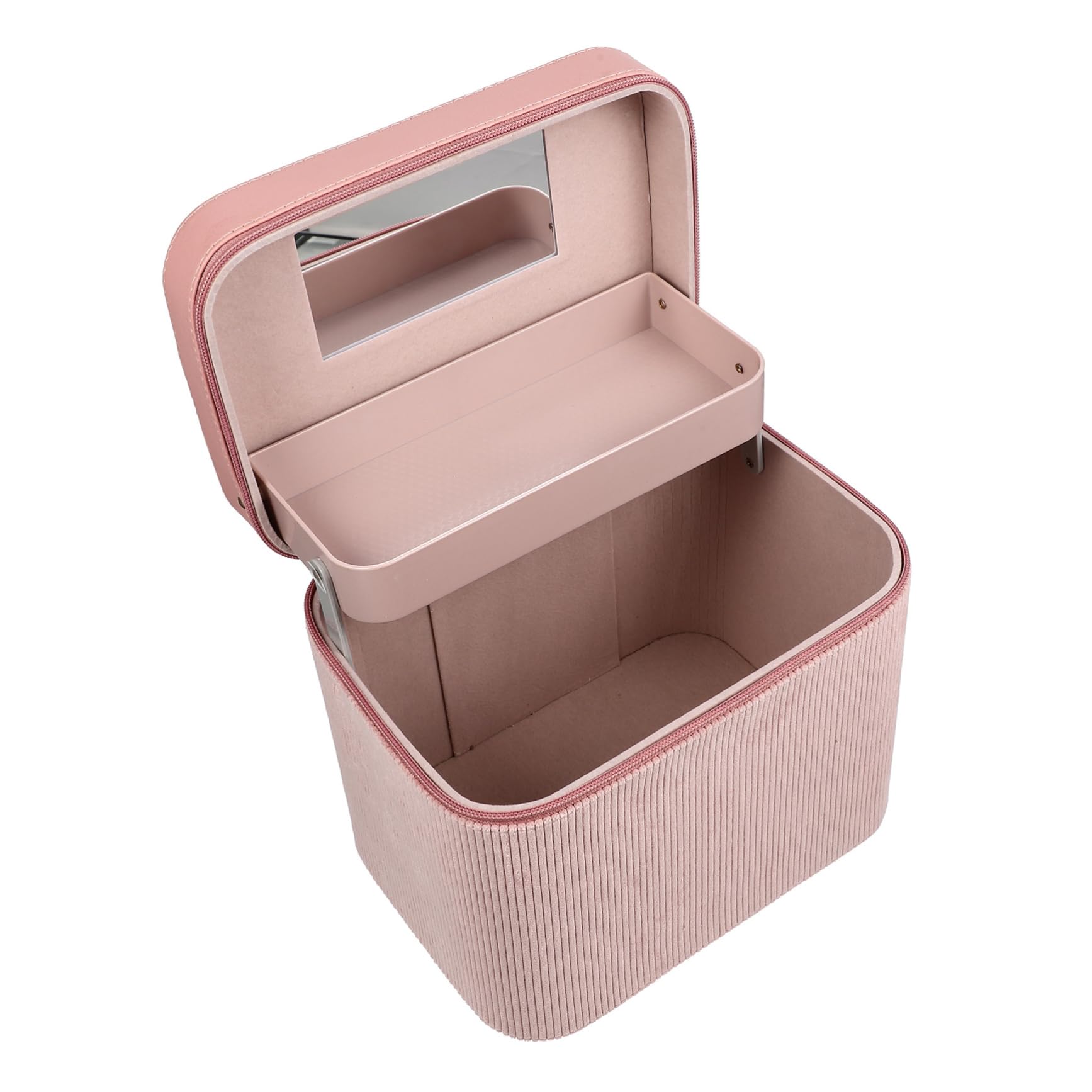 Borsa Toilette Donna da Viaggio in Velluto a Coste Rosa con Doppio Strato e Specchio Portatile per Conservare Cosmetici e Organizzare Trucchi con Stile