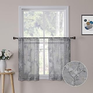 Tollpiz Floral Short Grey Sheer Tier Curtains Flower Print Vine Embroidery Kitchen Half Curtain Rod Pocket CafÃ© Voile Window Curtains for Bathroom, 30 x 24 inches Long, Set of 2 Panels
