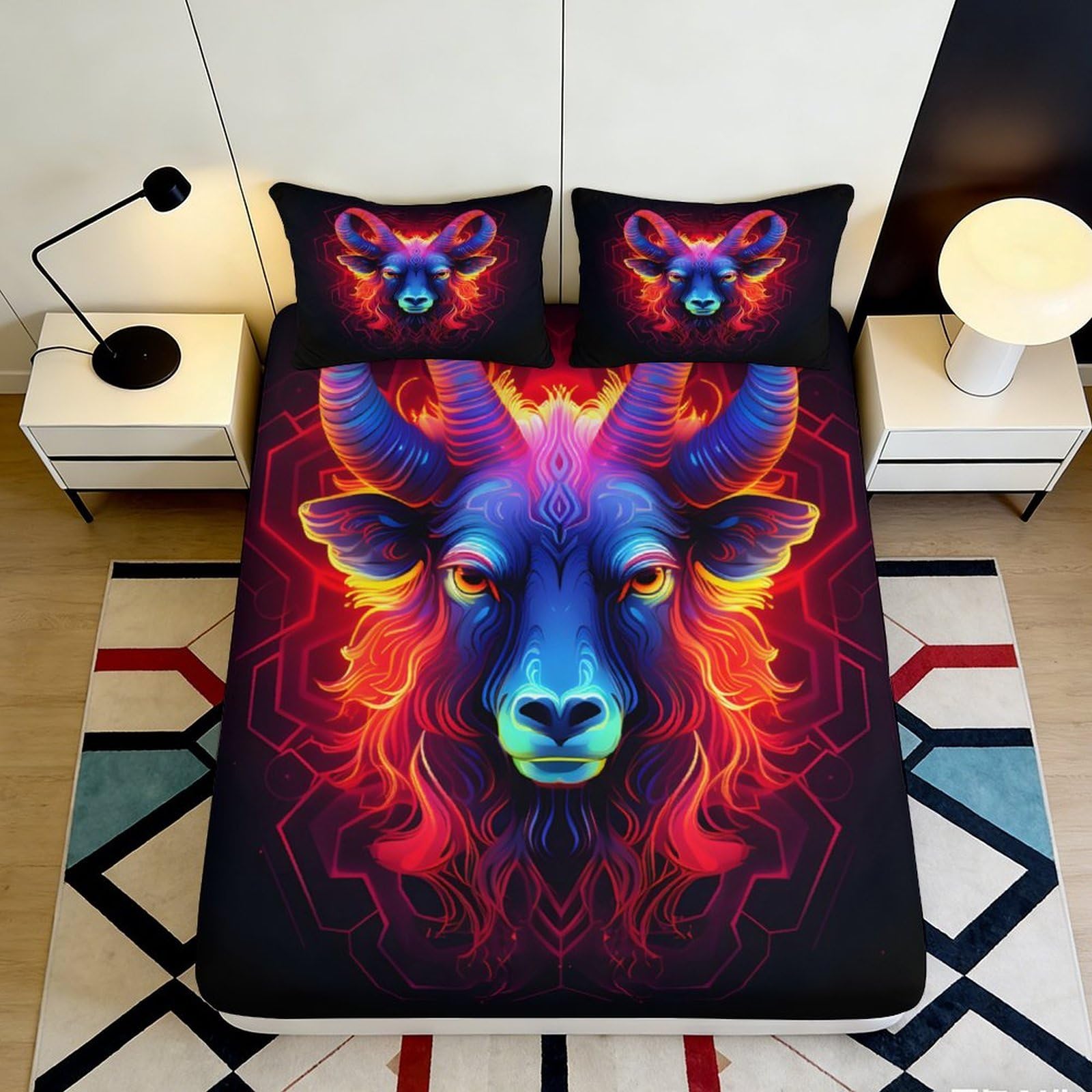Pnayamiorkfel Style-5 3D Printed Neon Goat Head Fitted Sheet Microfiber Vibrant Animal Mattress Cover For Bedroom Dorm Easy Care Decor 90X200x25cm