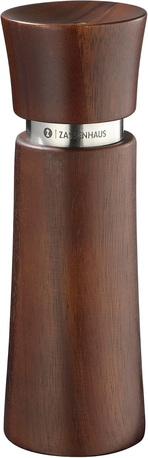 Zassenhaus Salt Mill Wiesbaden, 17 cm, Elegant Acacia Wood, High-Performance Ceramic Grinder, Precise Grinding Adjustment from Powder Fine to Coarse, Suitable for Various Spices