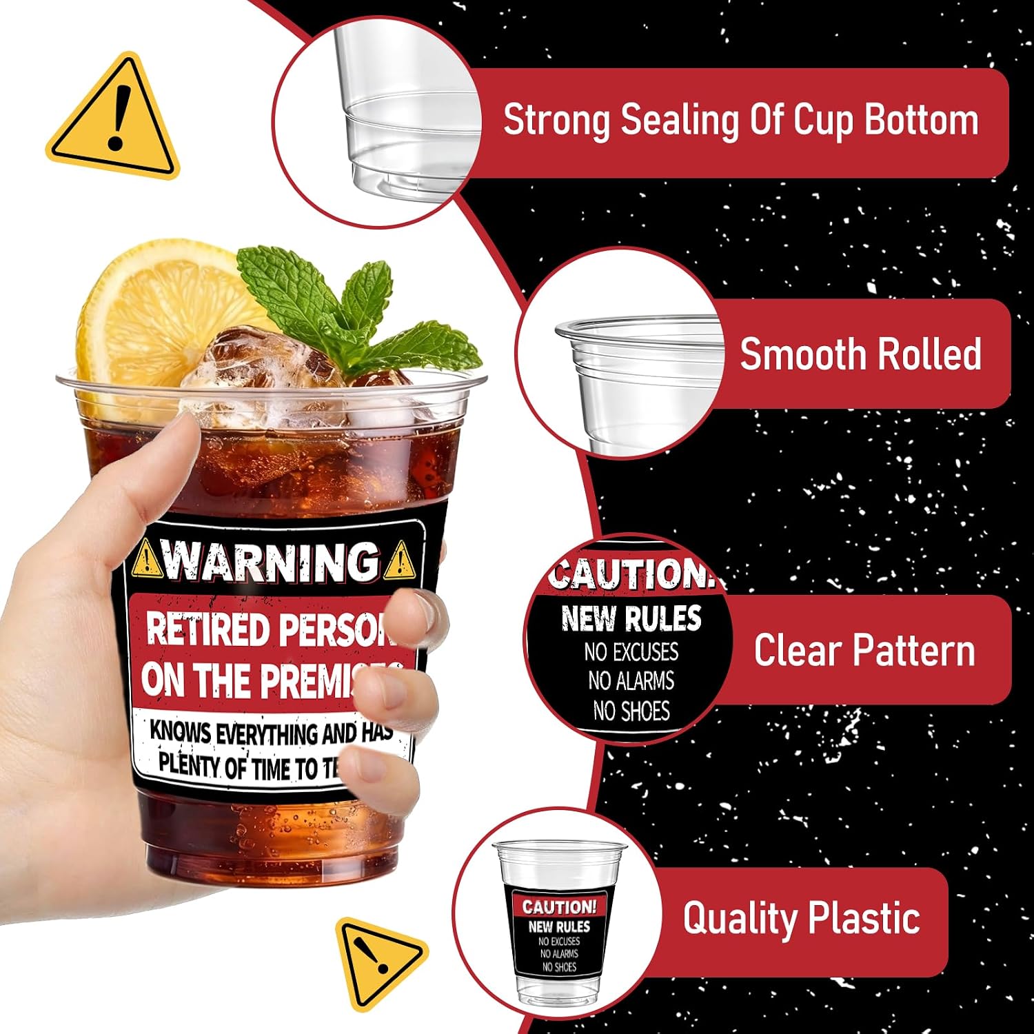 50 PCS Funny Happy Retirement Plastic Cups,12 OZ Clear Disposable Cold Hot Drinking Cups Beverage Water Container Caution Farewell Going Away Themed Events Party Supplies