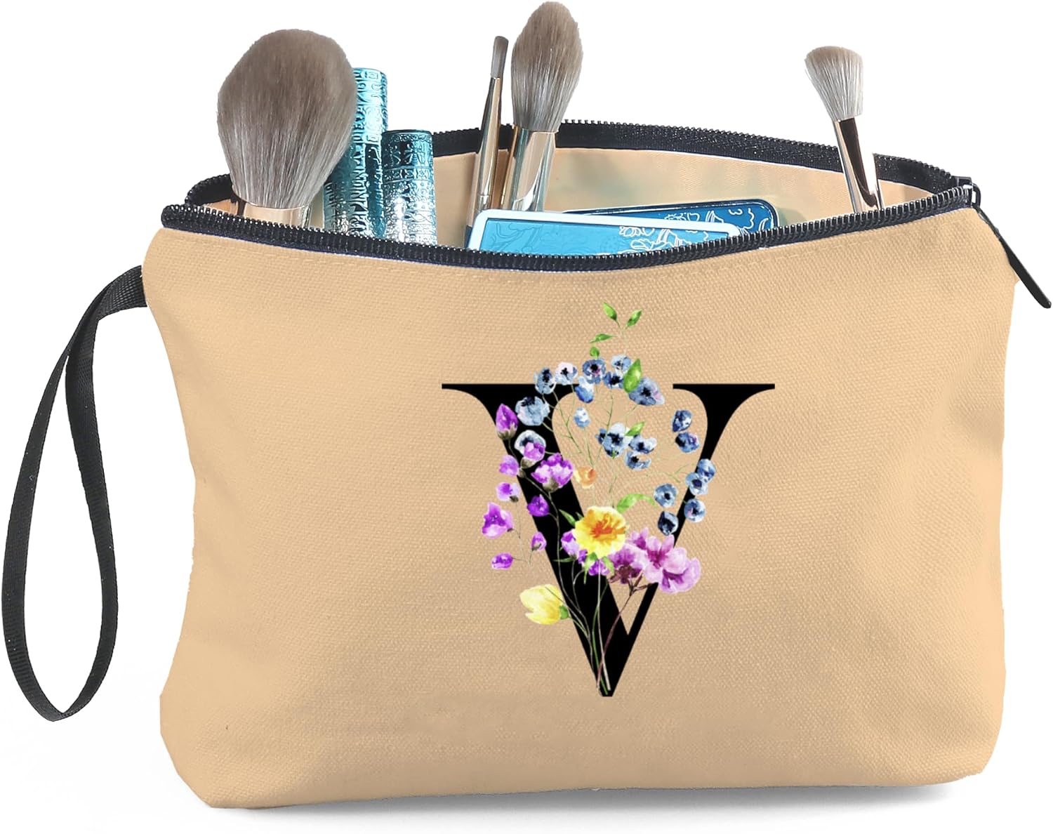 SEAMOON A-Z Personalized Gifts for Women, Khaki Makeup Bag with Mirror, V image 5