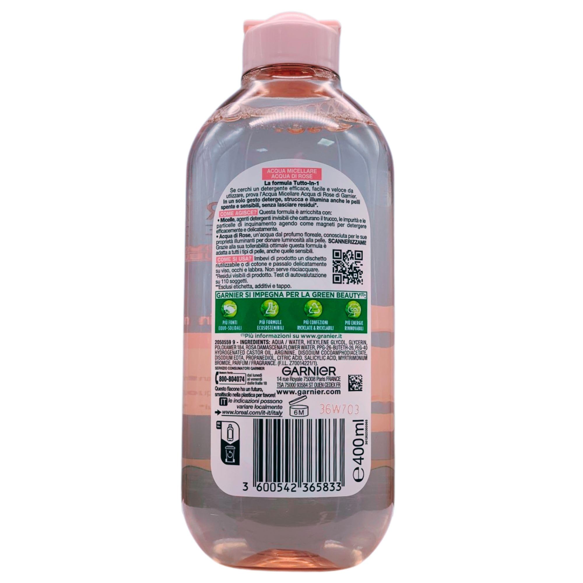 Acqua Micellare, Acqua di Rose, Tutto in 1: Deterge, Illumina e Strucca. Per Pelli Spente e Sensibili, Ipoallergenica - Zero Residui 400ml (6 Unità)