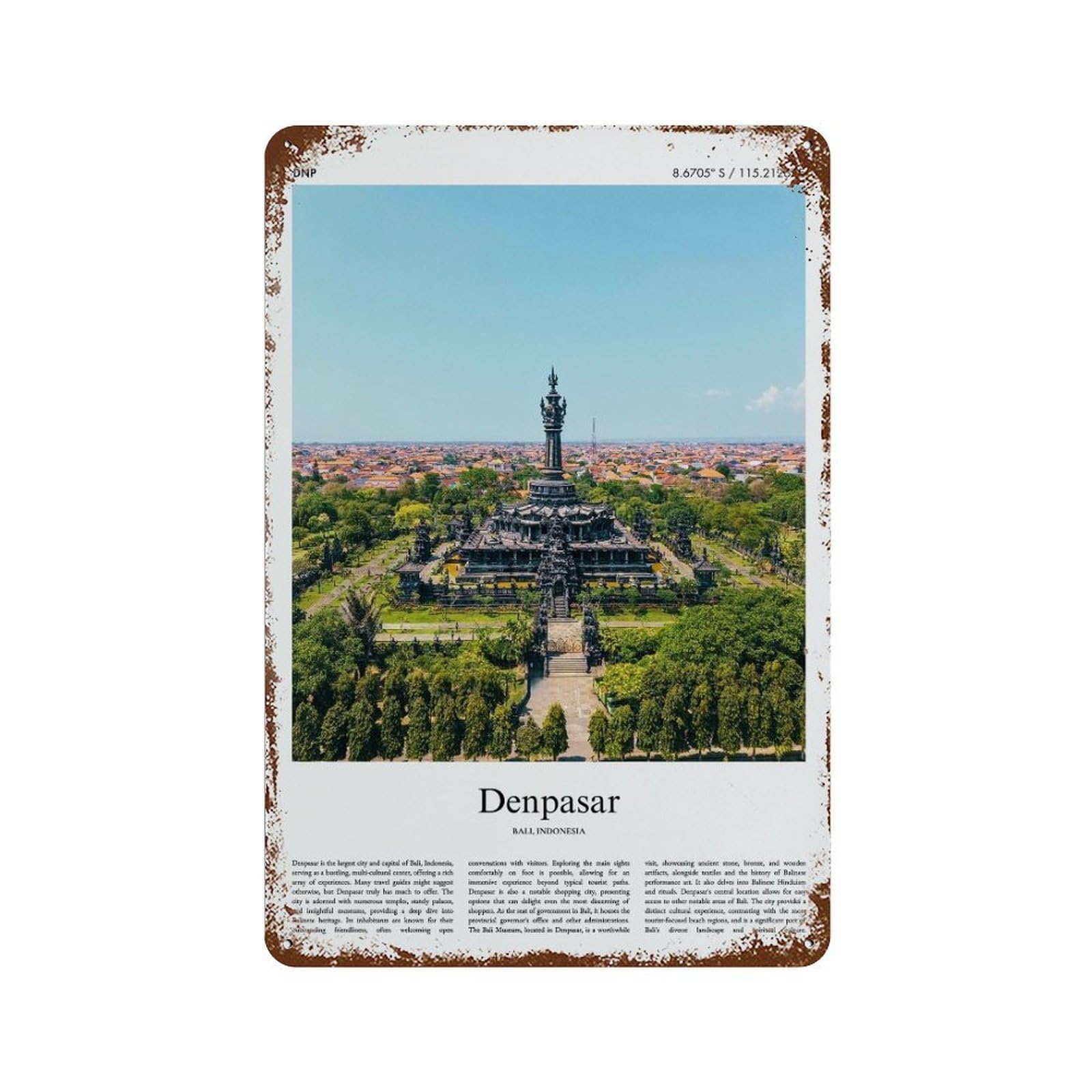 xiaoxiaoshen Denpasar Bali, Indonesia City Scenery Wall Decor Art Metal Tin Poster Modern Home Decor Art Home Bar Shop Decorations Vintage Sign 30x20cm