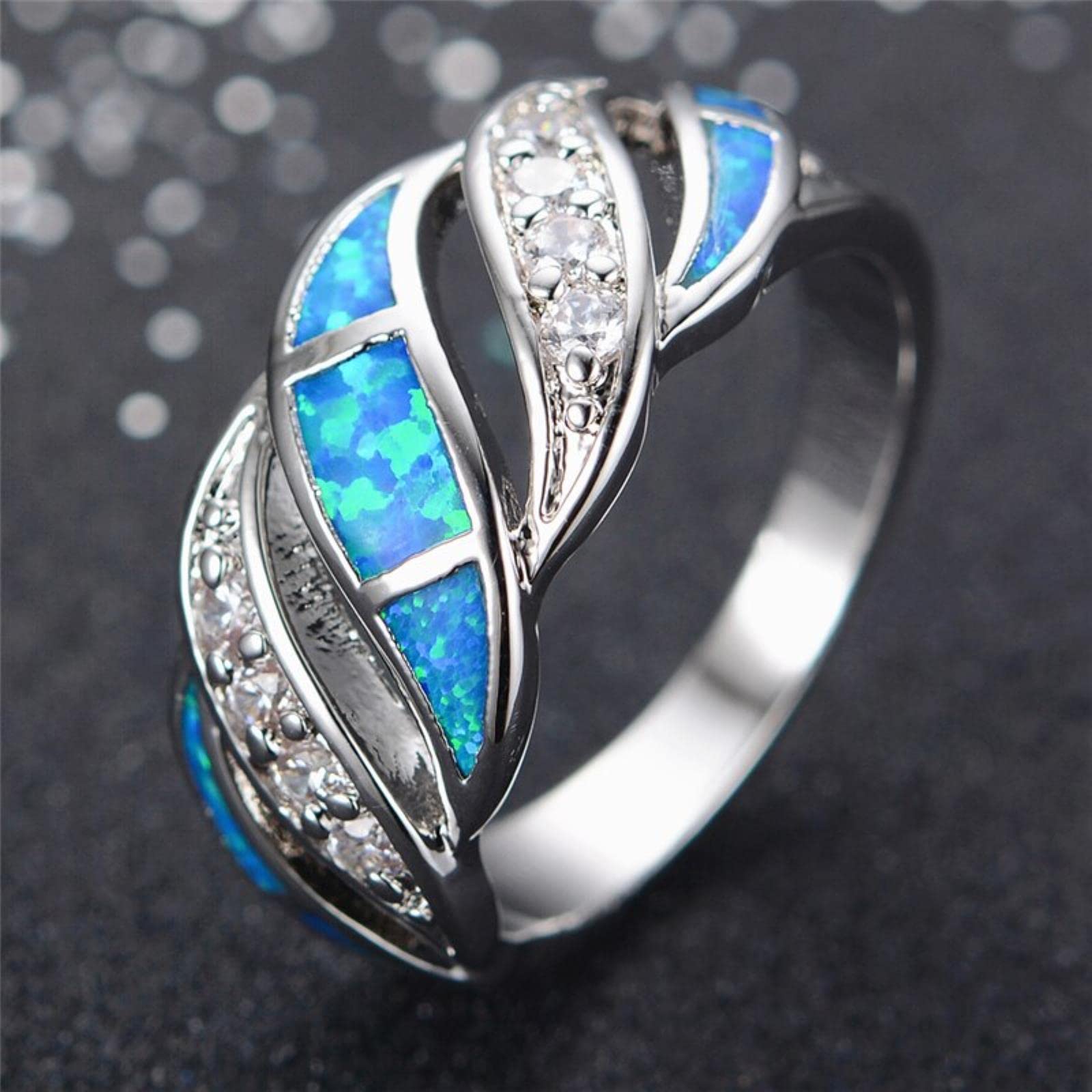 Bague Opale De Feu Bleue Rhodiée Noire - Taille 10, Cristal, Solitaire - Neuf Sans Emballage