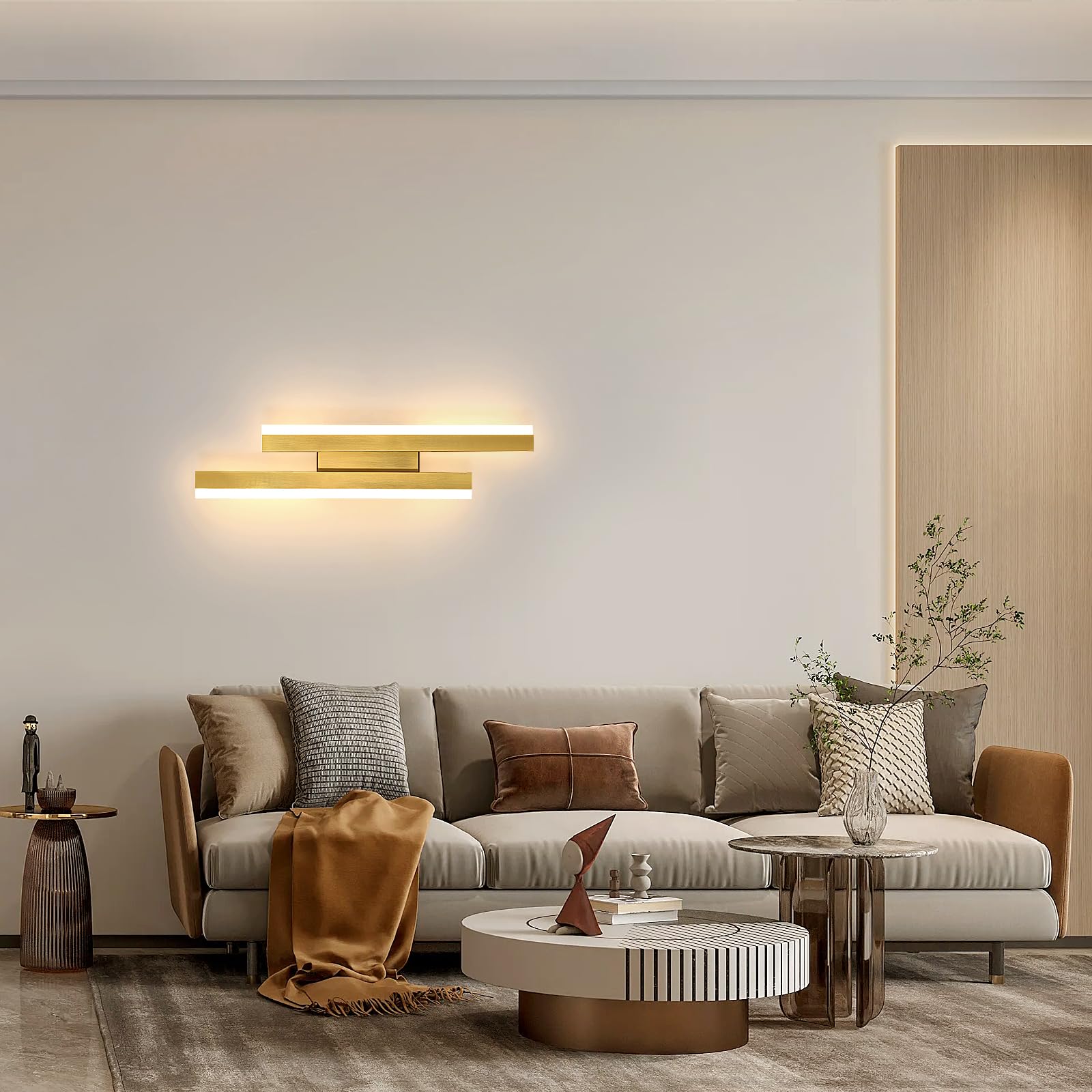 Comely Moderne LED Wandleuchte, 16W 1800LM Innen Wandlampe Gold, Linie LED Wandbeleuchtung Warmes Weiß 3000K für Schlafzimmer, Wohnzimmer, Flur, Treppe