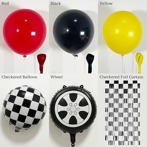 Vista 4 de Kit de guirnalda de arco de globos de coche de carreras de 132 piezas con globos de rueda a cuadros rojos, negros y amarillos, cortina de flecos a