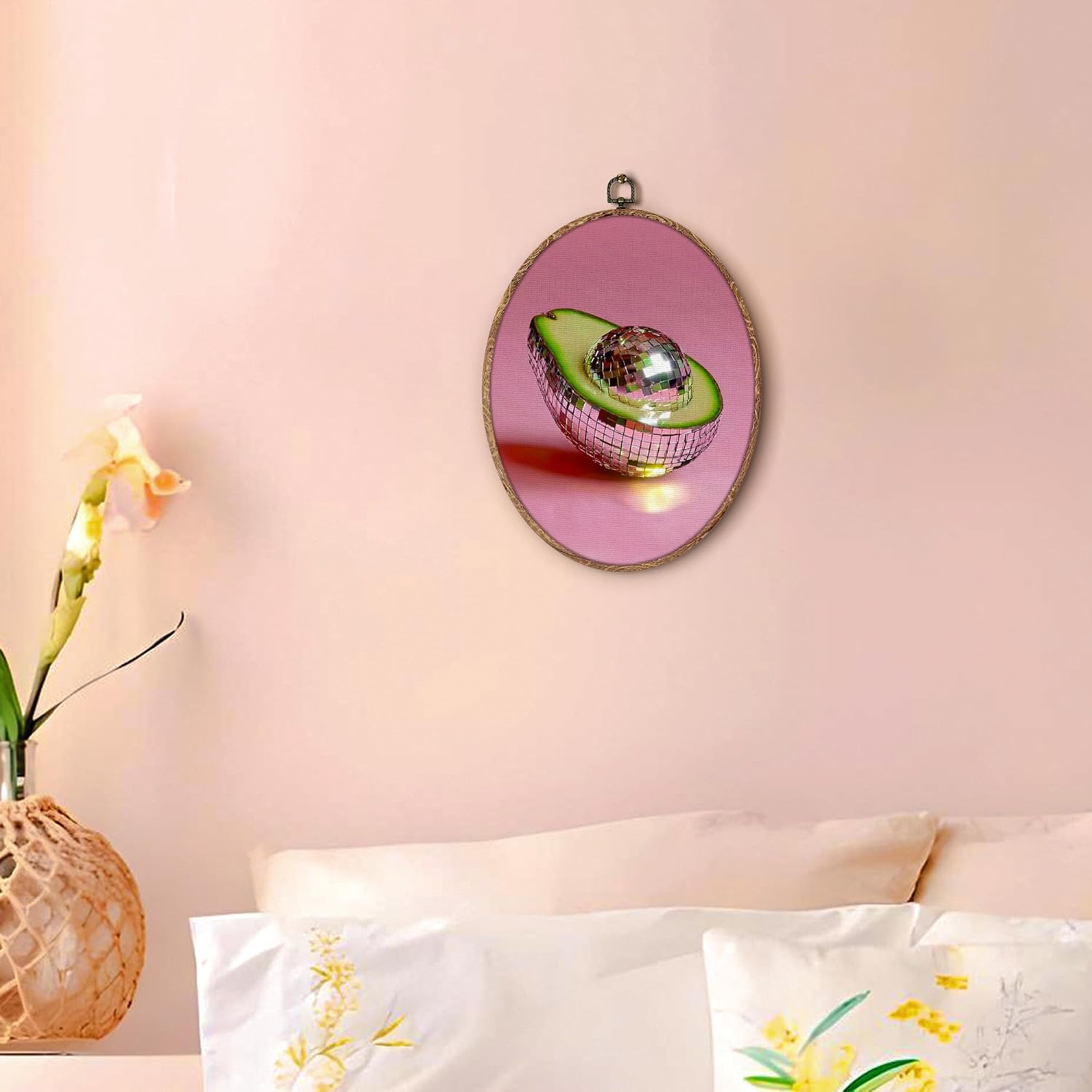 Hxlac Disco Ball Olive Oval Wall Art Framed, Trendy Preppy Pink Oval Wall Decor, Modern Maximalist Disco Fruit Canvas Prints Wall Sculptures for Home Bedroom Living Room Decor, 8.5x11.5 Inch image 5