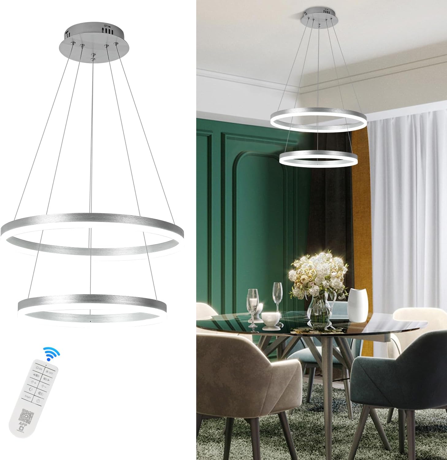 2-Rings Modern LED Chandelier Silver for Dining Room, Dimmable Pendant Lighting with Remote Control Circular Flush Mount High Ceiling Light for Bedroom Living Room Foyer, 3000K-6500K