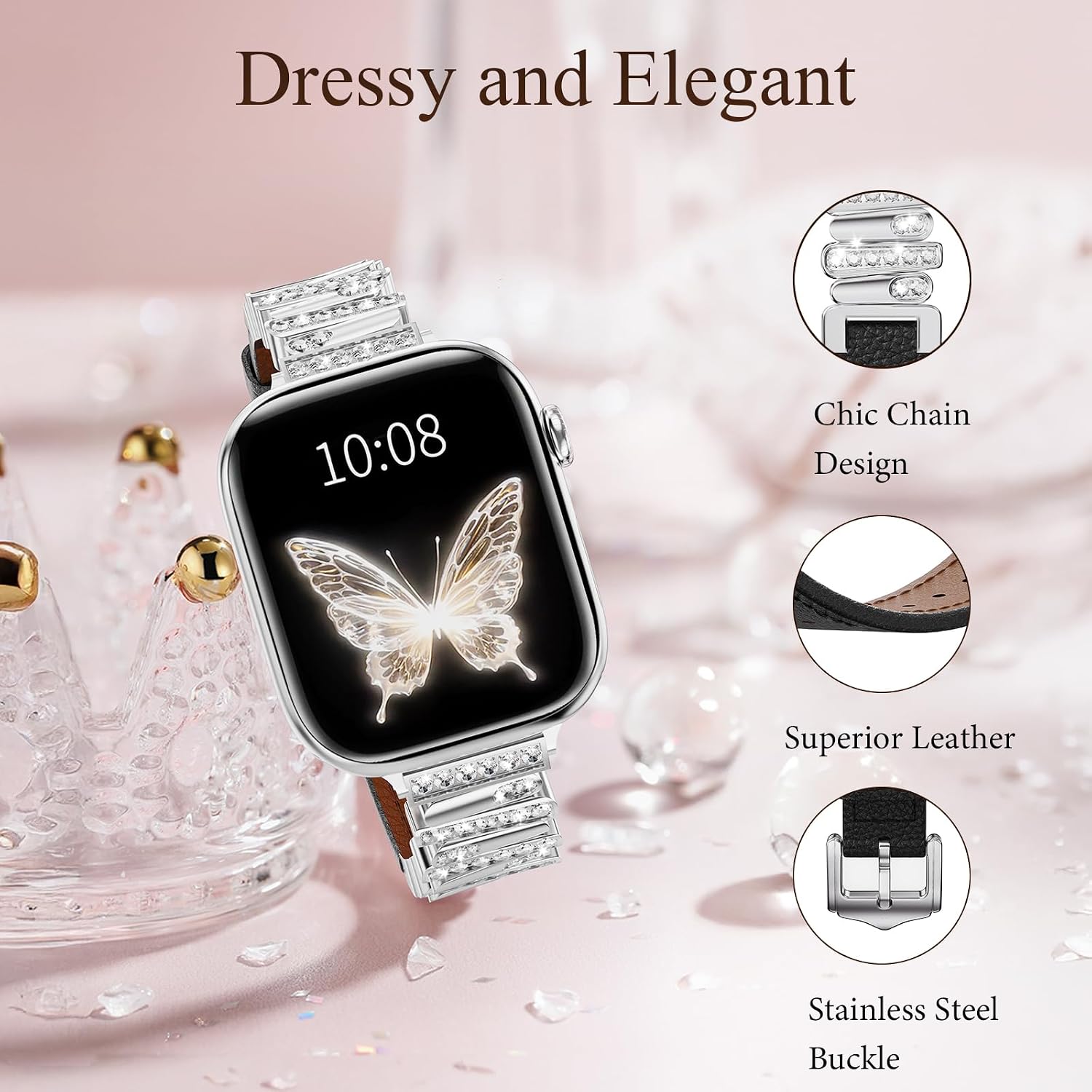 Leather Strap Compatible with Apple Watch Bands Luxurious Slim Fashion Strap Premium Stainless Steel Connectors Designed for Women iWatch Series 11/10/9/8/7/6/5/4/SE (38/40/41/42/44/45/46mm) image 5