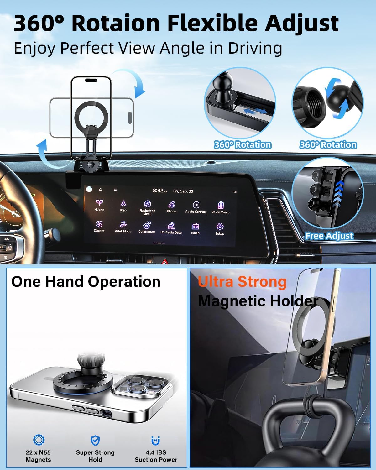 PZK Car Phone Holder for KIA Sportage 2023 2024 2025 EX/SX/SX-Prestige/X-Line Accessories 12.3-Inch Screen Fixed Clip, Compatible with MagSafe Car Phone Mount with 360° Rotatng Extension Rod Cradles