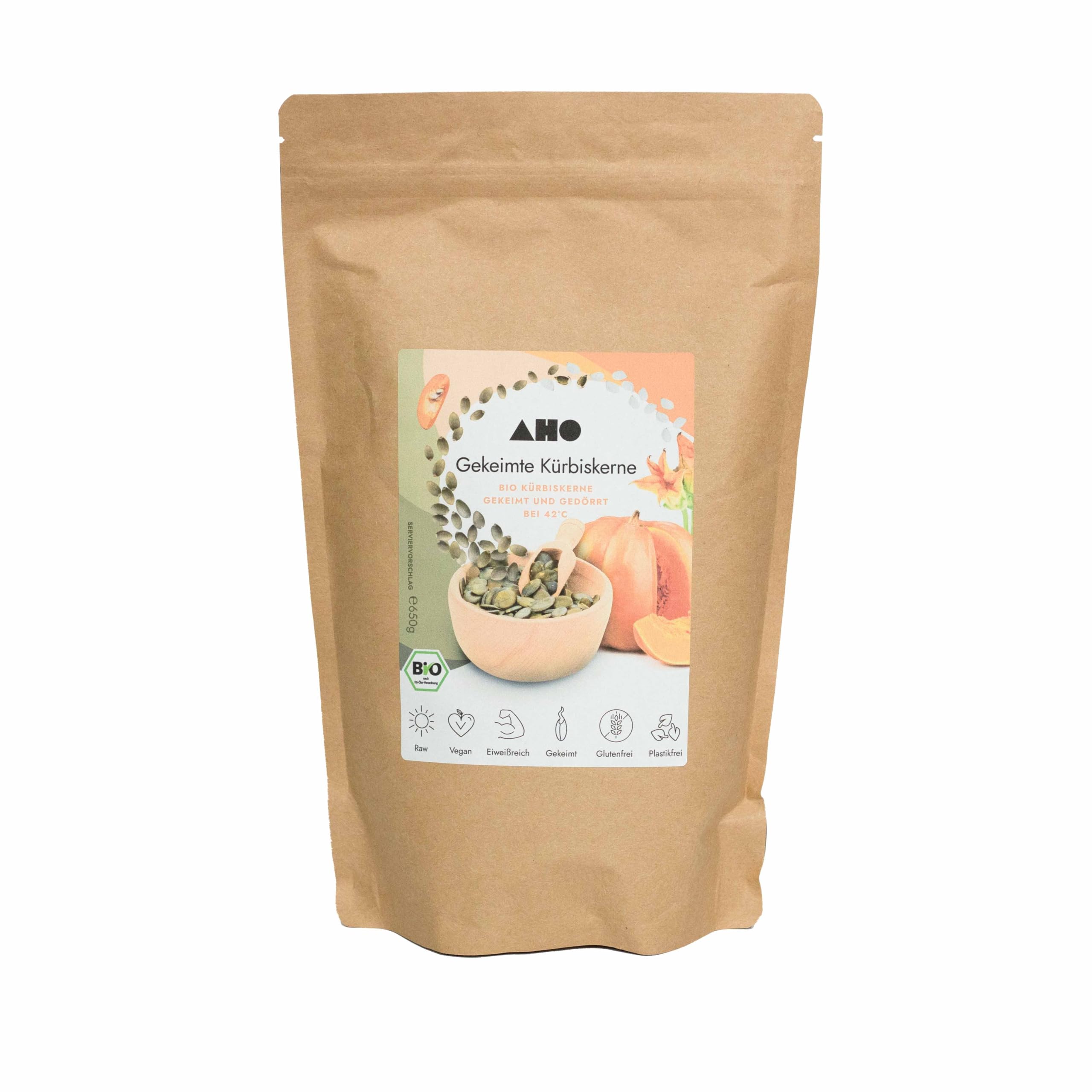 AHO Gekeimte Kürbiskerne | Protein und Ballaststoffquelle | 100% Rohkost Kürbiskerne aus Österreich | Vegan | in kompostierbare Tüte verpackt (650 g)