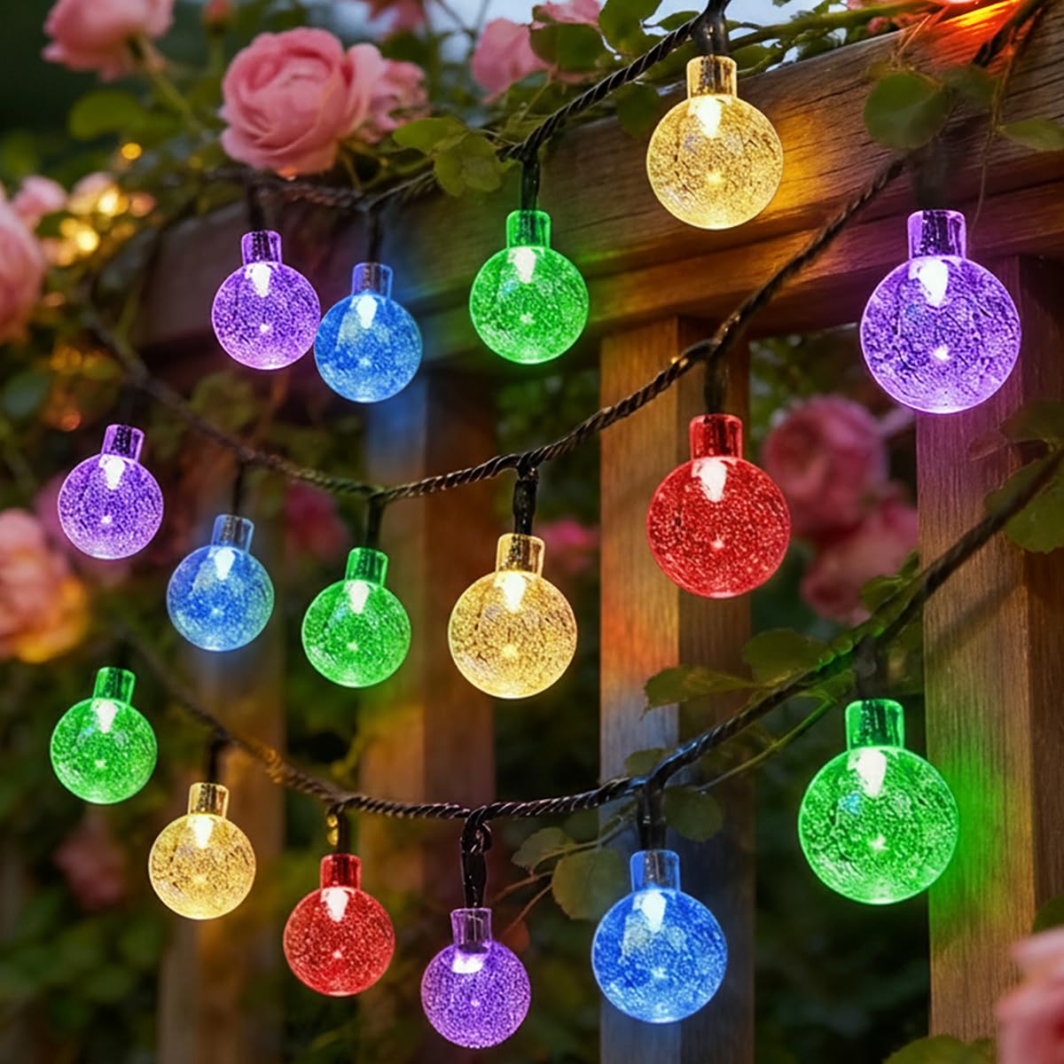 Litabur Multi Coloured Solar Fairy Lights Garden Outdoor, Waterproof Solar Powered Bubble Lights, 60Led 8M/26Ft Solar String Lights, 8 Modes With 8-Hour Timer, Suitable For Garden, Party, Yard, Decoration (Multi Coloured)