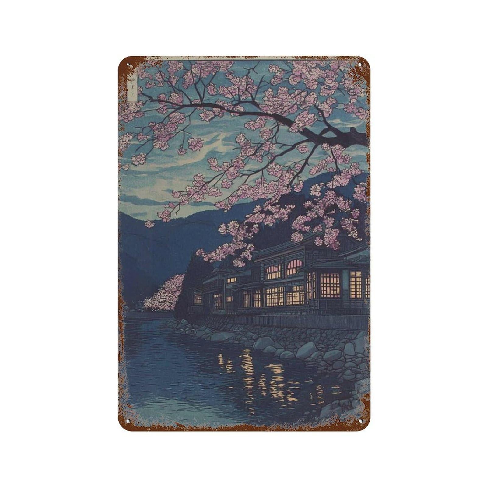 xiaoxiaoshen Japanese Cherry Blossom – Traditional Sakura Tranquil River Work Asian Night Lan Wall Decor Art Metal Tin Poster Modern Home Decor Art Home Bar Shop Decorations Vintage Sign 30x20cm