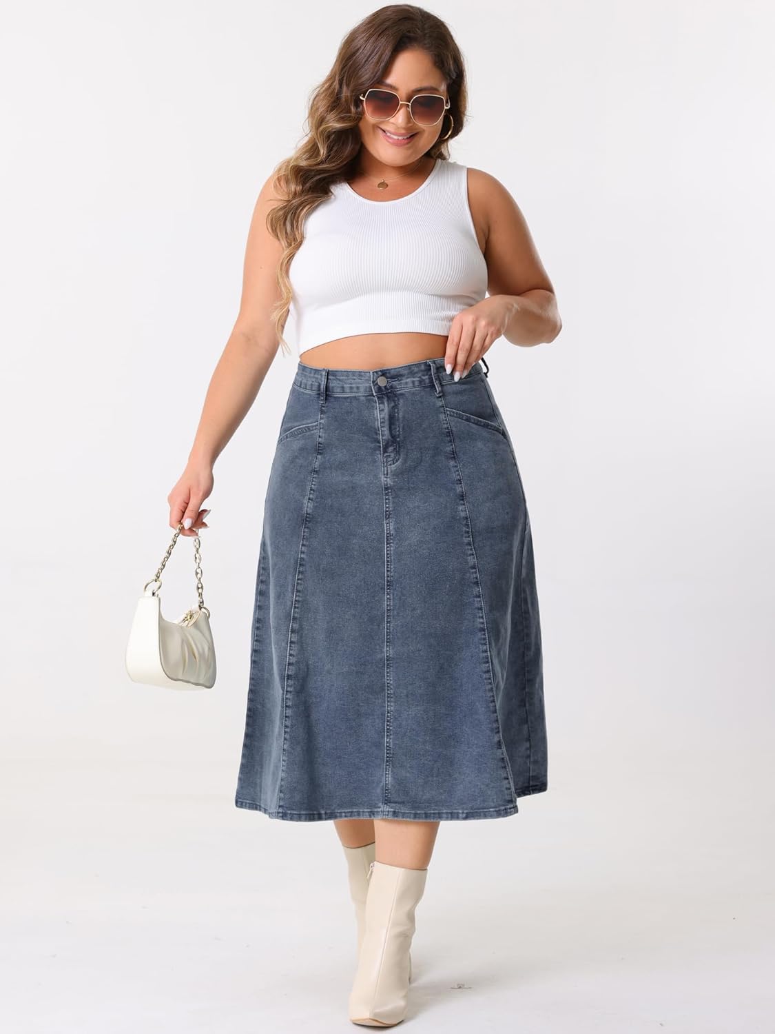 Agnes Orinda Women's Plus Size Denim Skirts Vintage High Waist with Pockets A-Line Midi Jean Skirt - Image 3