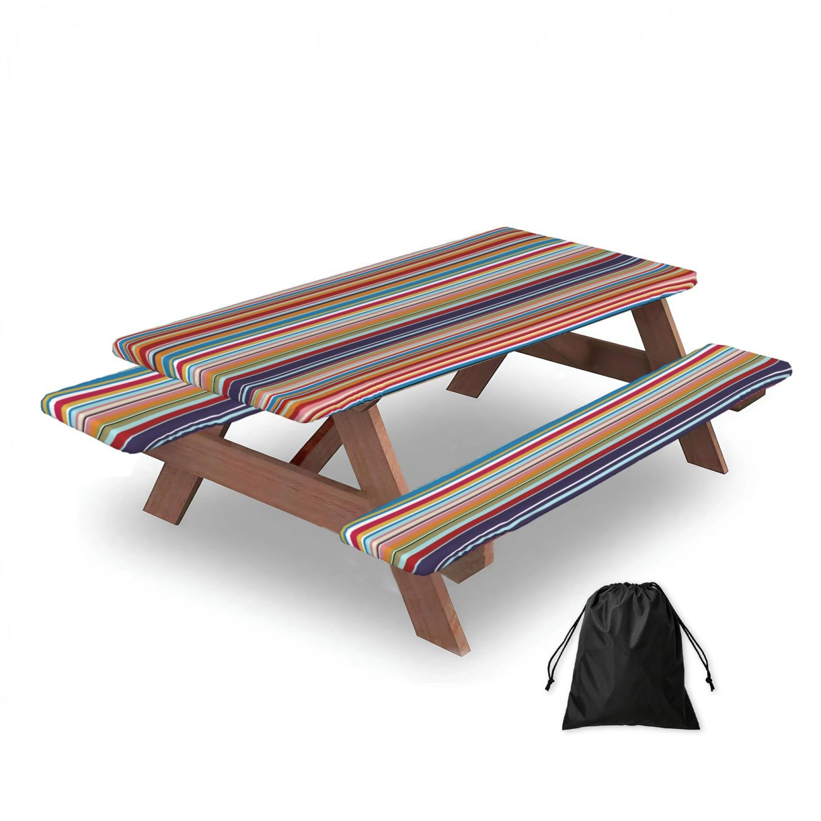 Dopklna As Picture Multi Coloured Stripes, Picnic Table Cover With Bench Covers -Waterproof Elastic Fitted Tablecloth For Garden Camping Patio 76X152cm