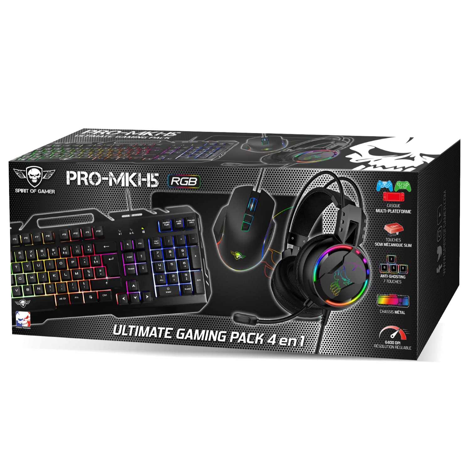 SPIRIT OF GAMER Pro-MKH5 - Kit Gaming 4 in 1 - Tastiera RGB AZERTY Anti-Ghosting, Mouse 7 Pulsanti 6400 DPI, Cuffie, Tappetino Antiscivolo - Compatibile con PC PS4 PS5 Xbox One Mac