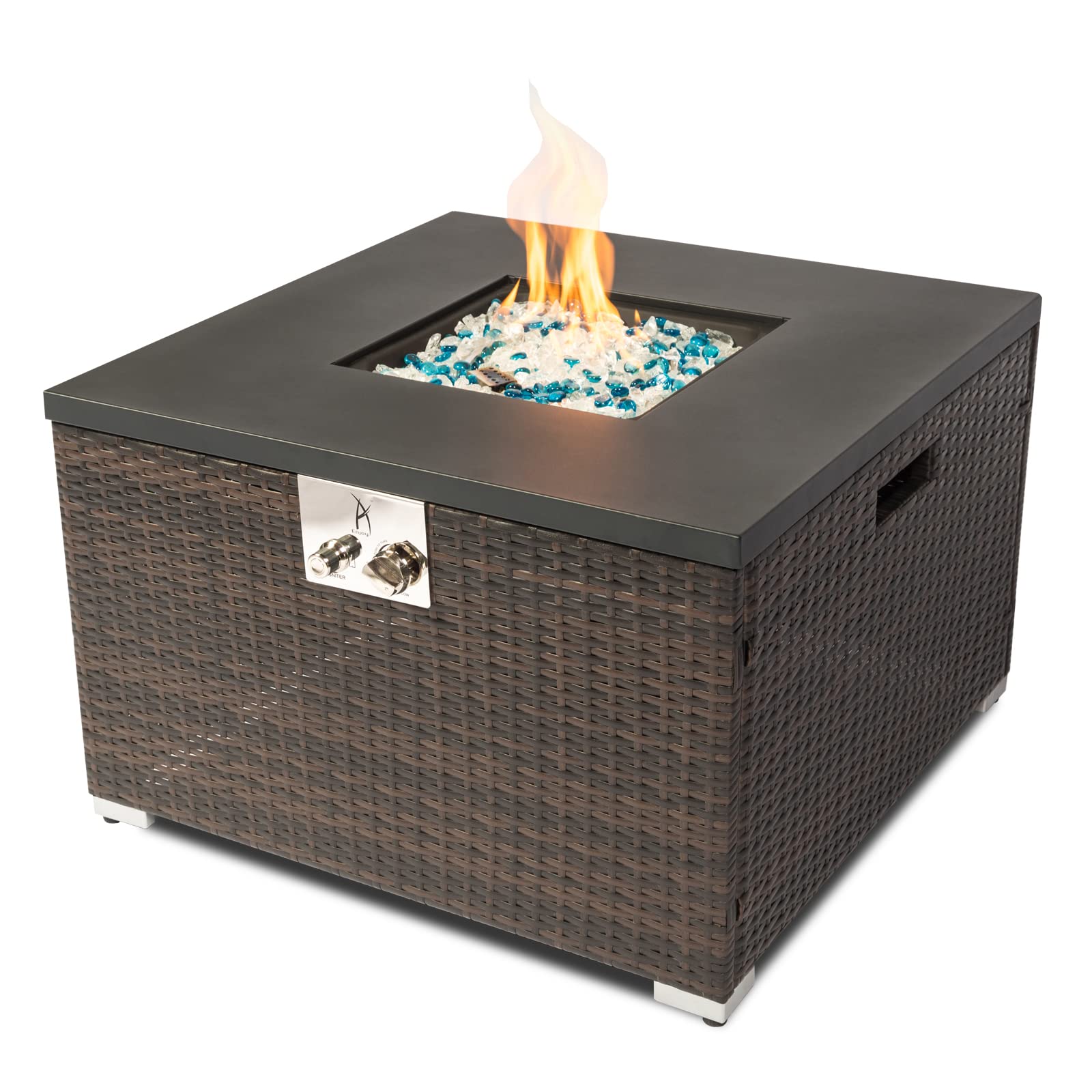 AJ Enjoy Outdoor Gas Fire Pit 32” Propane Fire Pit Table with Square Dark Brown Wicker , 40,000