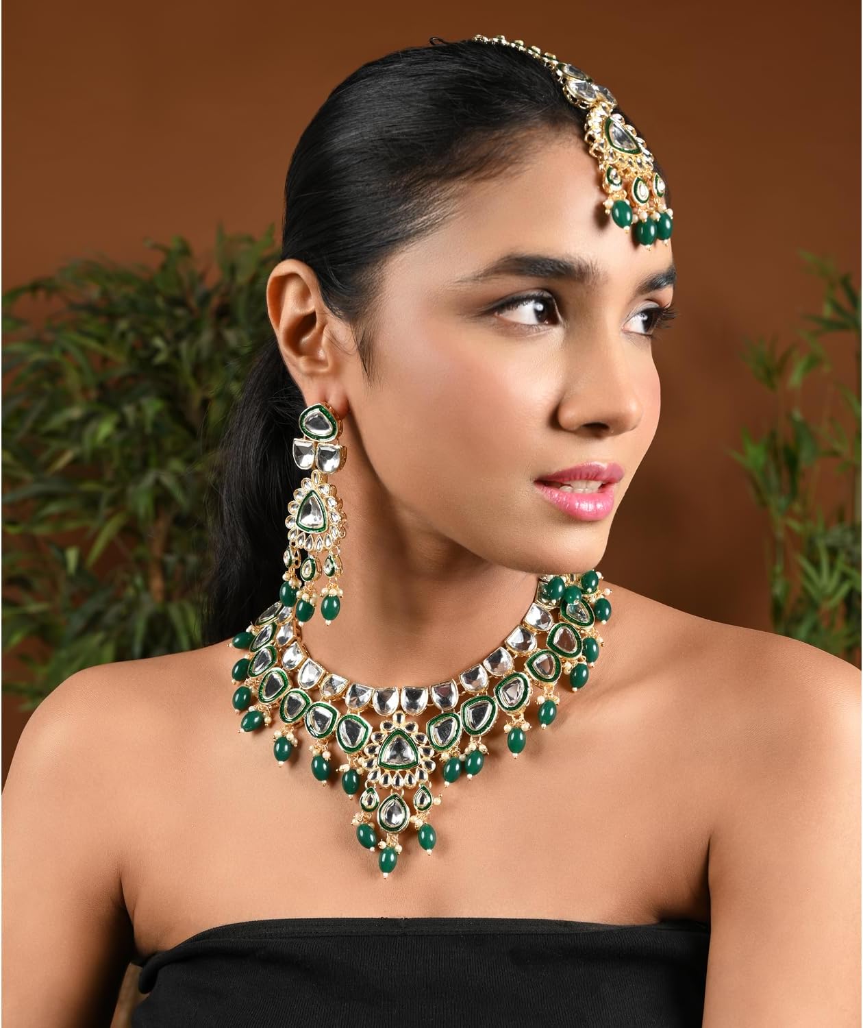 I Jewels Gold Plated Indian Wedding Bollywood Pearl Kundan Necklace Jewellery Set With Earring Maang Tikka Set For Women