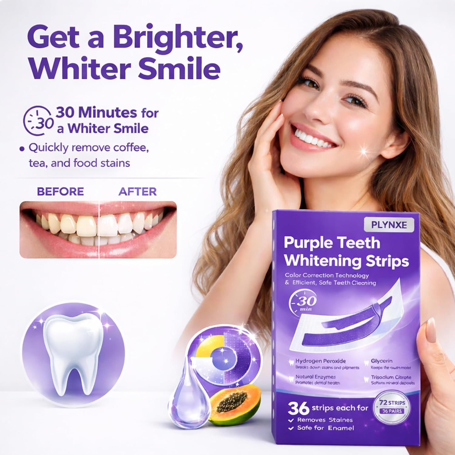Purple Teeth Whitening Strips, Purple Whitening Strips, Instant Whitening, Teeth Whitening Strips, Protects Tooth Enamel, Purple Whitening Strips for Teeth with Added Peppermint Extract, 72pcs