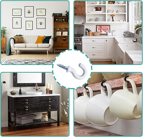 Miniatura 7 de 100 ganchos blancos para taza de techo, tornillos autorroscantes de 12 pulgada, perfectos para colgar plantas, cocina, tazas y techo (blanco)