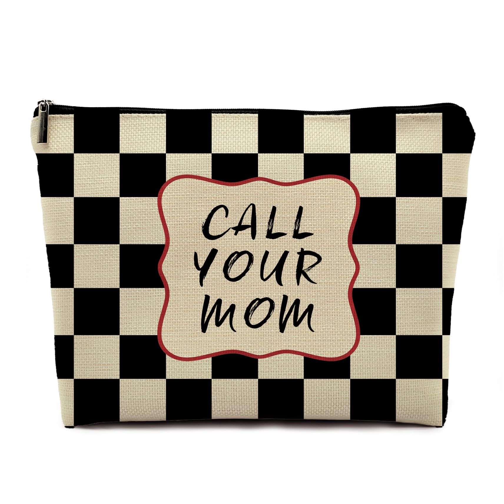 call your mom makeup bag, black and white checkered | funny design, college female freshman gifts, zipper pouch, for purse travel organizer, cosmetic bag for women