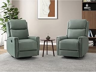 HULALA HOME Genuine Leather Swivel Rocker Recliners Set of 2, Manual Glider Recliner Chairs with Adjustable Backrest & Footrest, Modern Home Theater Lounge Sofa Armchairs for Living Room Bedroom, Sage