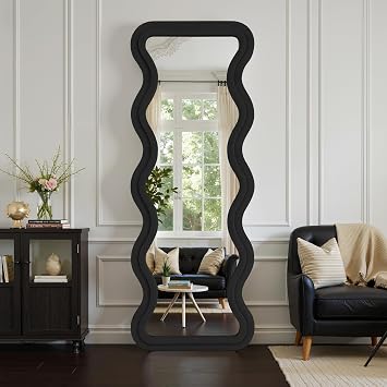 Anpark Irregular Wavy Full Length Mirror - 63"x24" Floor & Wall Mounted Mirror with Stand - Black Flannel Wrapped Wooden Frame for Living Room, Bedroom, Hallway