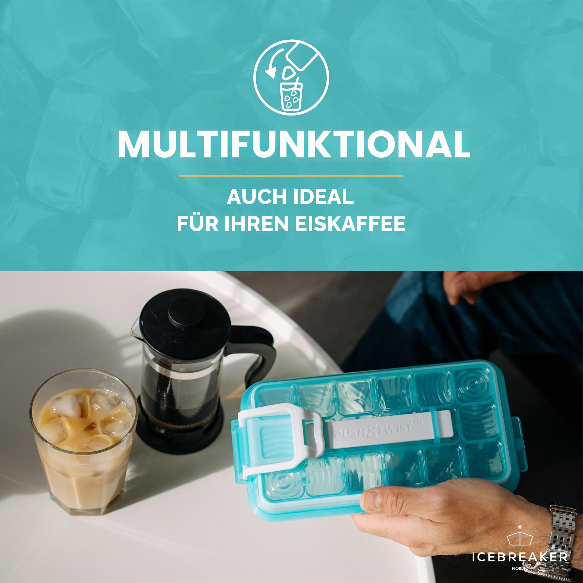 ICEBREAKER NORDIC Push & Twist 3er Set Eiswürfelform mit Deckel (18x3 Eiswürfel) | Eiswürfelbehälter für Gefrierschrank | No-Touch Eiswürfelbereiter - Auslaufsichere, platzsparende Eiswürfelformen