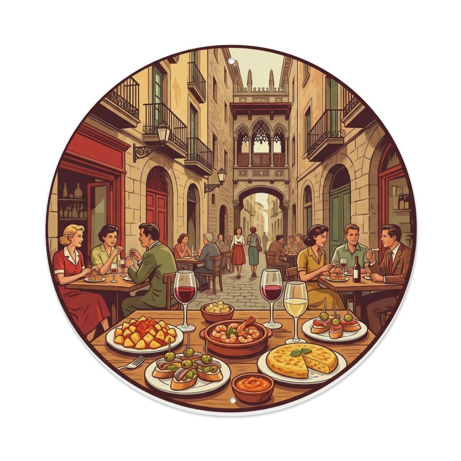 Barcelona Catalan Tapas Cuisine Heritage Destination Metal Tin Sign Plaque Wall Decor for Cafe, Man Cave, Club Bar, Office, Home Garden Round Metal Poster 8x8Inch