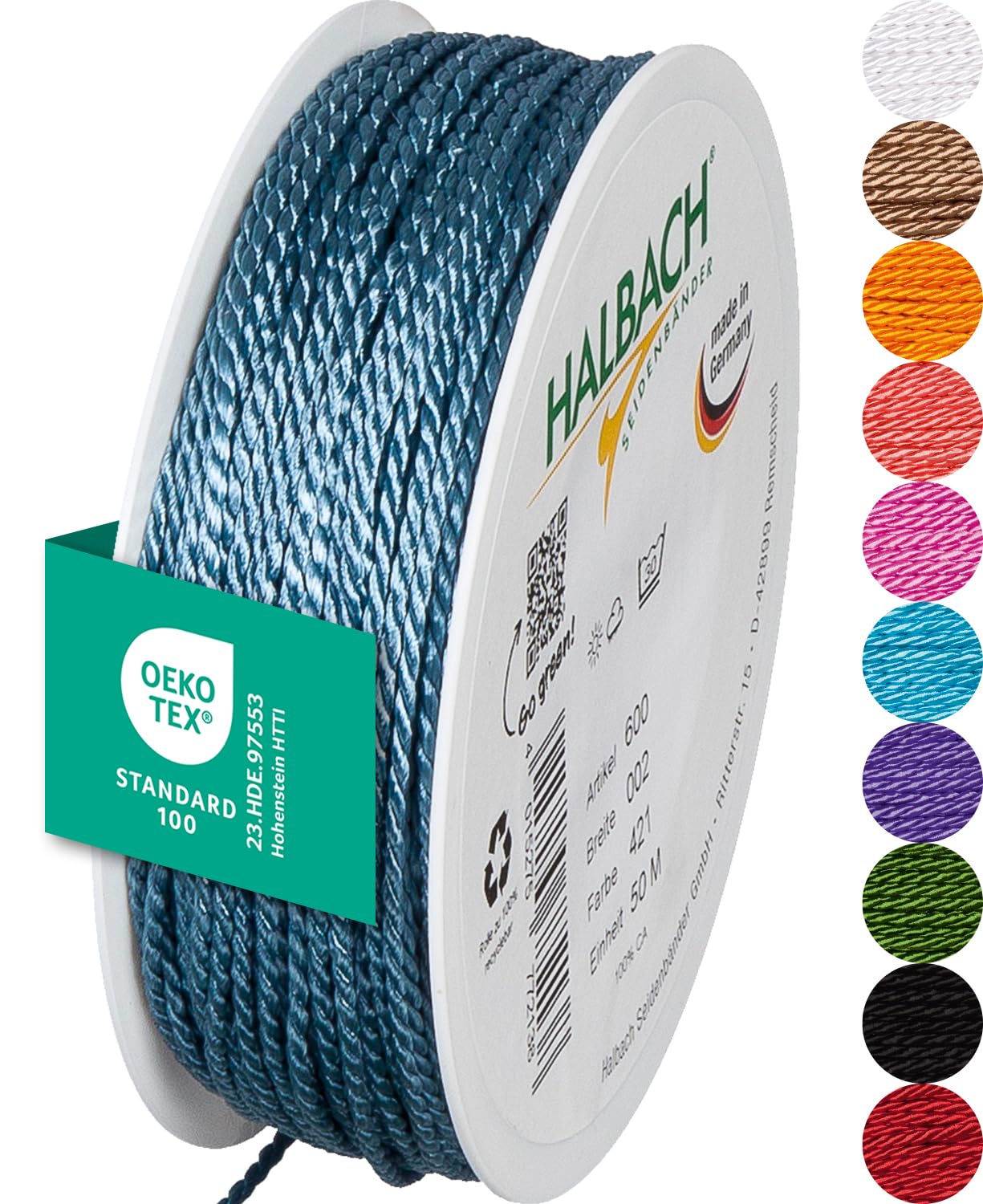 Halbach Seidenbänder Premium Kordel (dunkelblau) | Breite 2mm Länge 50m | Made in Germany & Öko-Tex Zertifiziert | glänzende Satinkordel aus Acetat