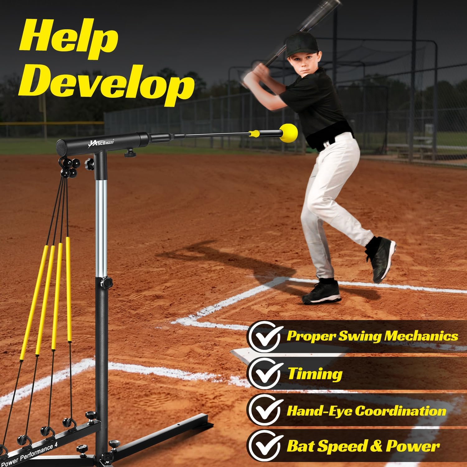 Baseball Hitting Trainer with 4 Power Bands,Auto Reset Softball Swing Trainer For Batting,Hitting Practice,Height Adjustable 31-47 inch Baseball Training Equipment With Metal Stakes & Carry Bag