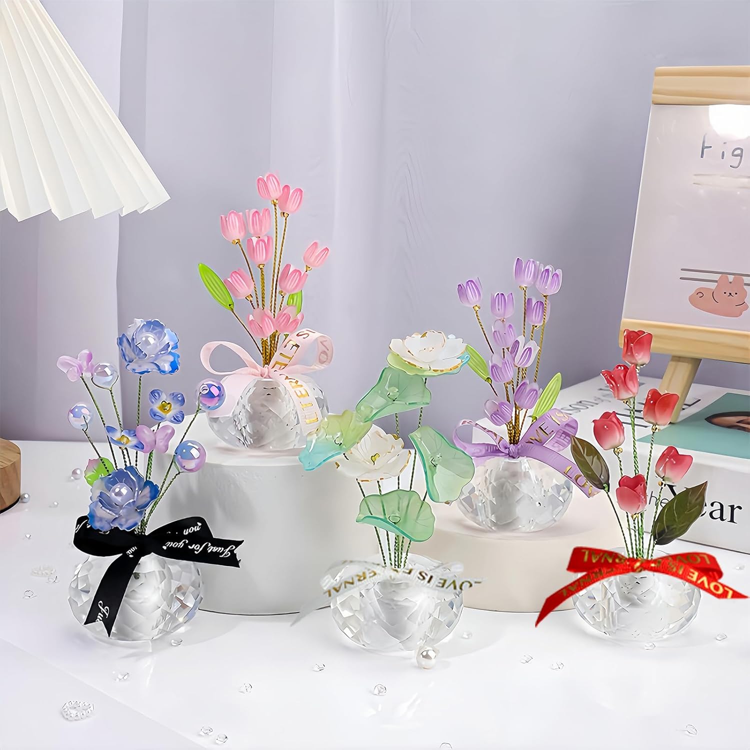 Crystal Flower Figurine - Handmade Mini Flower Decor with Crystal Base, Plastic Artificial Petals and Adjustable Wire, Cute Floral Ornament for Home/Office/Car, Ideal Gift for Women(Pink Tulips) - Image 9
