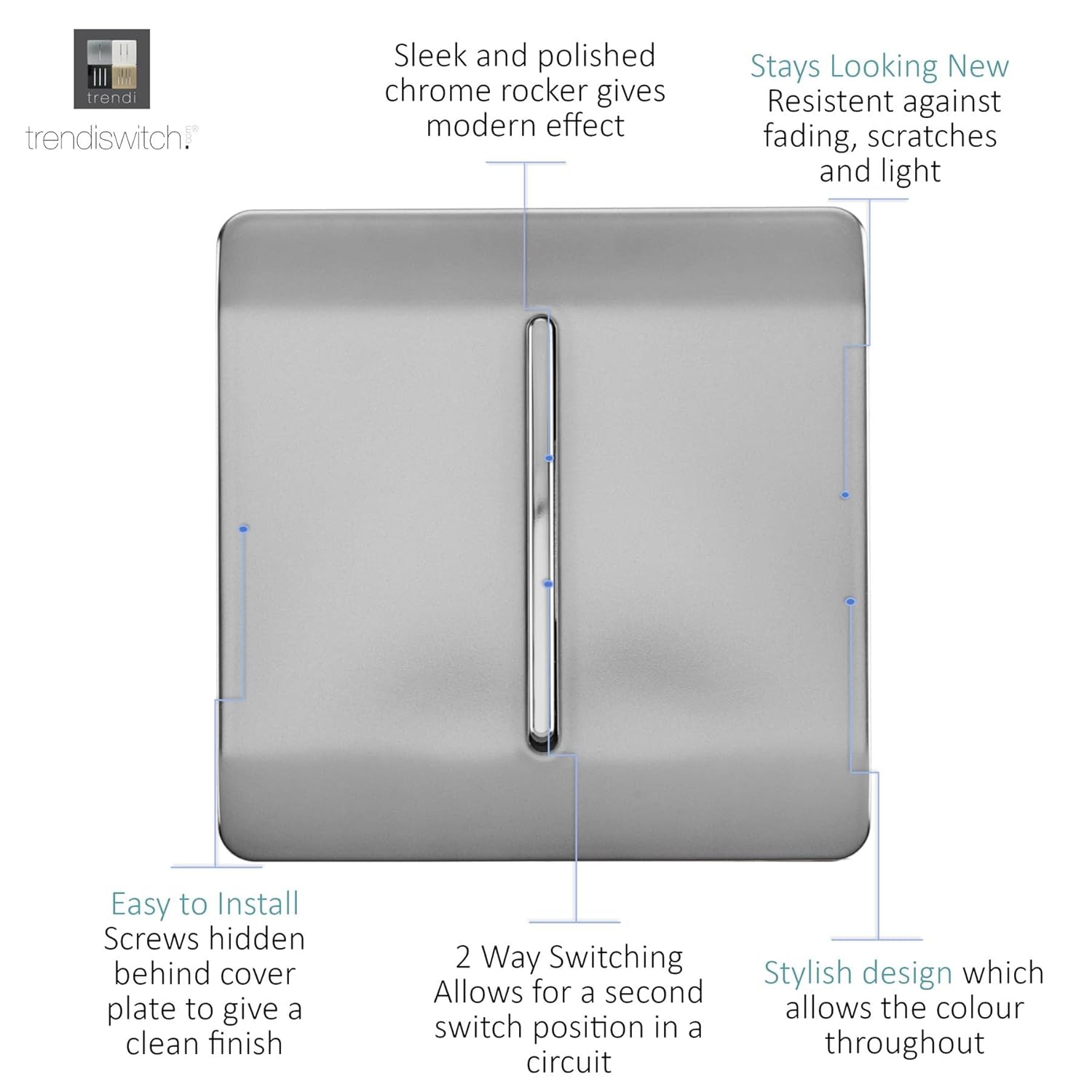 Trendi Art-SS2 1 Gang 2 Way 10 Amp Rocker Chrome Light Switch in Glossy Stainless Steel, 25.0 mm*88.0 mm*88.0 mm