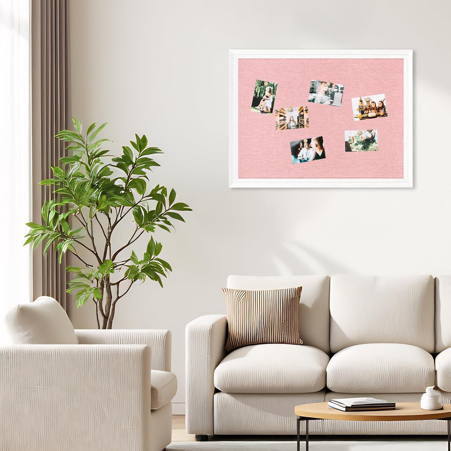 DOLLAR BOSS Bulletin Board with Linen 36'' x 24'' White Framed Cork Boards for Walls, Photo Display Pin Board, Decorative Corkboard for Office Home School Girls Dorm Decor with 10 Pushpins, Pink