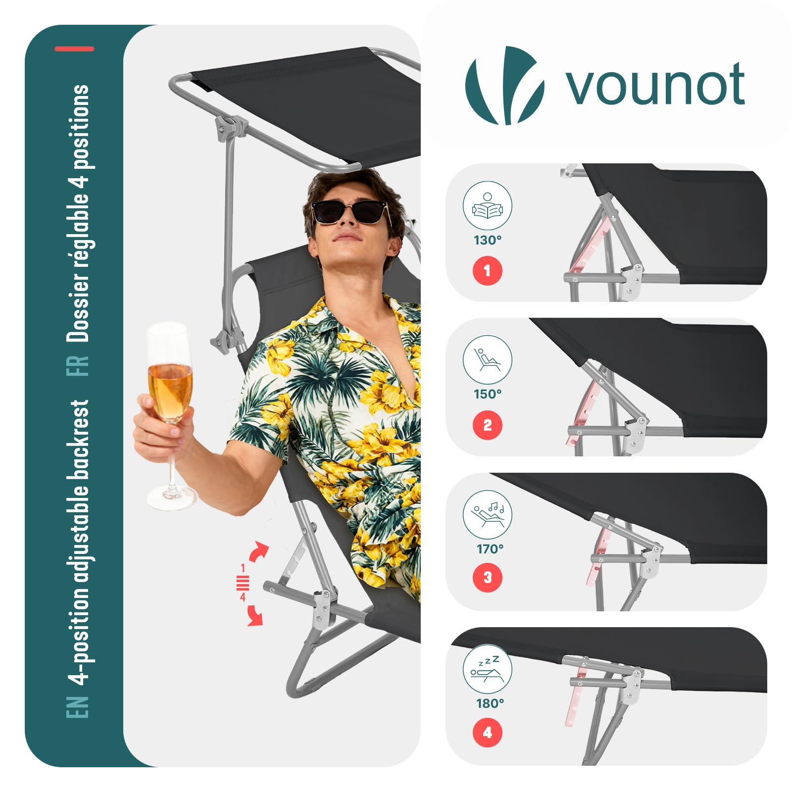 VOUNOT® Set di 2 Lettini Prendisole Pieghevole con Parasole, Sdraio da Spiaggia in Tessuto Poliestere Schienale Regolabile 4 Posizioni, Portata 120kg, per Giardino, Terrazza e Piscina, Nero