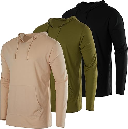 Real Essentials Paquete de 3 sudadera con capucha de algodón ligero y casual con cordón y bolsillo para hombre