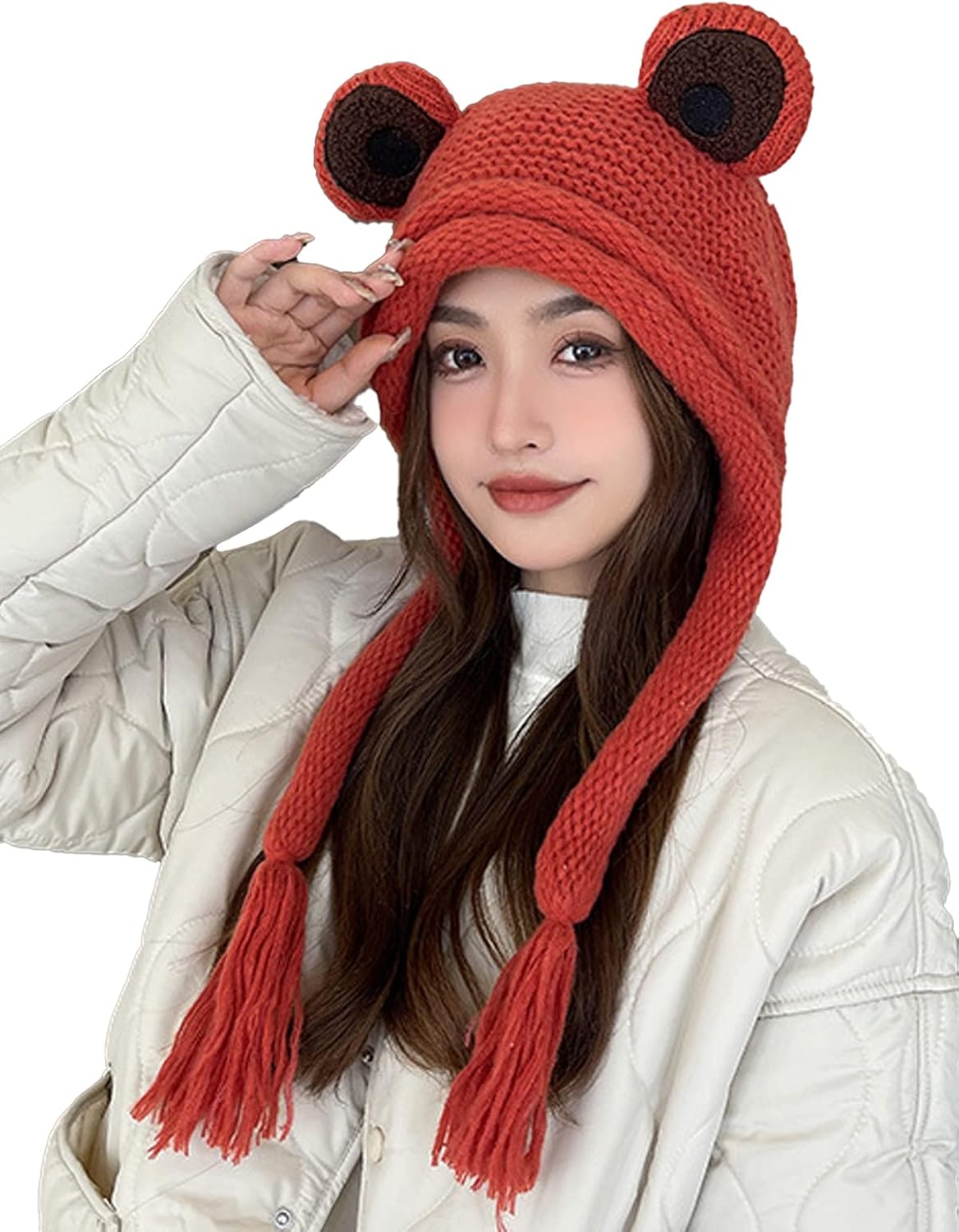 Frog Hats Adult Cute Beanie Crochet Knitted Hat Big Eye Frog Winter Ear Warmer Protective Beanie Hats Caps Outdoors Autumn