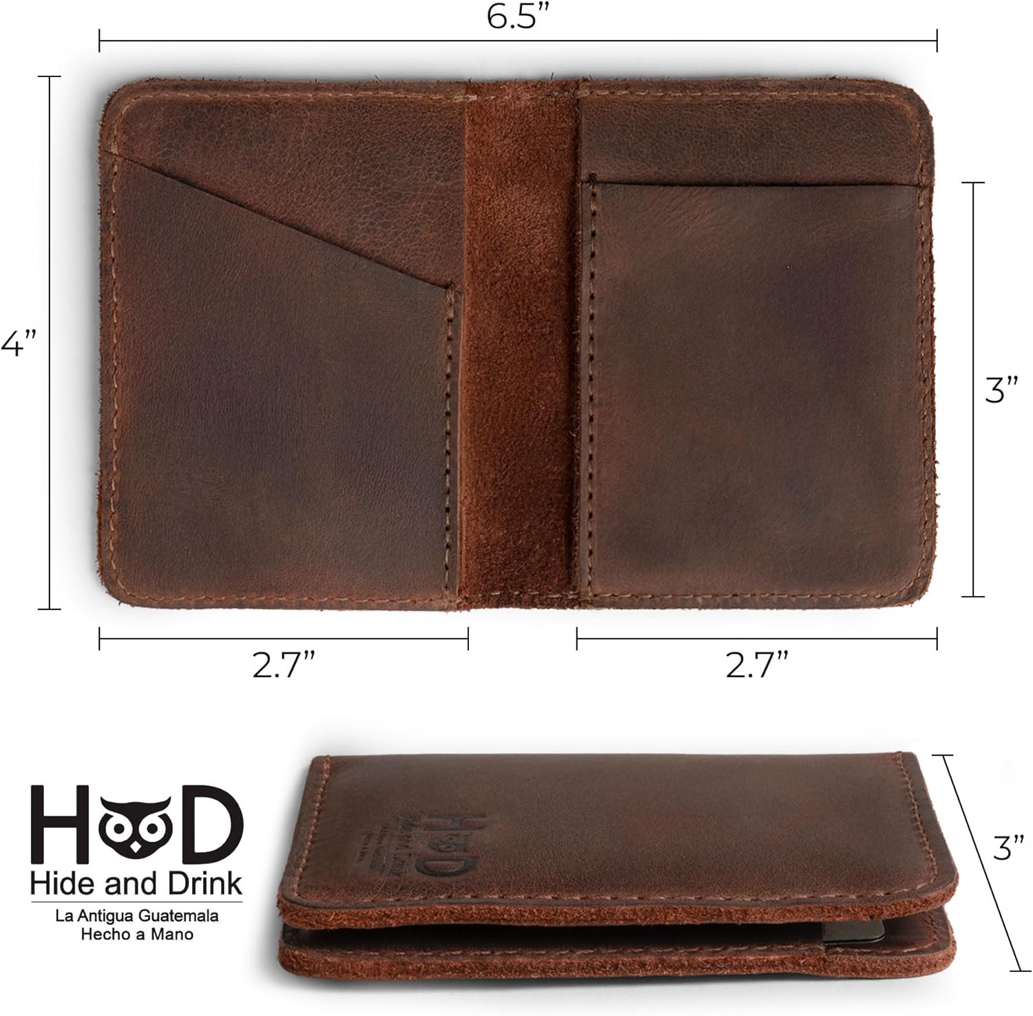 Hide & Drink, Bifold Wallet, Slim Card Holder, Minimalist Traveler Wallet, Vintage Front Pocket Wallet, Full Grain Leather, Handmade, Bourbon Brown - Image 4