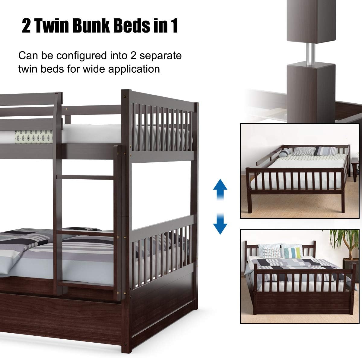 KOMFOTT bunk bed separated into two individual full-size beds