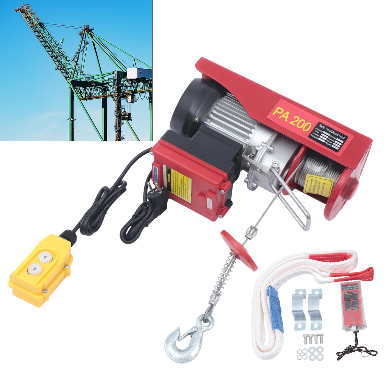 Elektryczny podnośnik 510 W, udźwig 100-200 kg, stop aluminium, bezprzewodowy i przewodowy, IP40, 34 x 13 x 35 cm