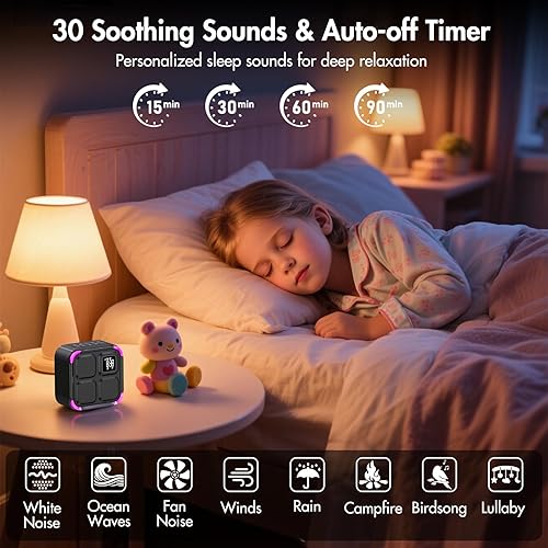 Miniatura 3 de Máquina de sonido blanco con 30 sonidos relajantes, temporizador, reloj despertador con altavoz Bluetooth con luces, máquina de sonido recargable