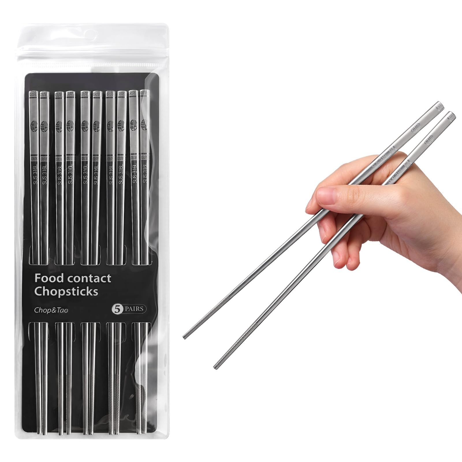 Stainless Steel Chopsticks Set of 5 Pairs, Dishwasher Safe, Non-Slip Design, Rust-Resistant, Durable Chopsticks for Everyday Family Use