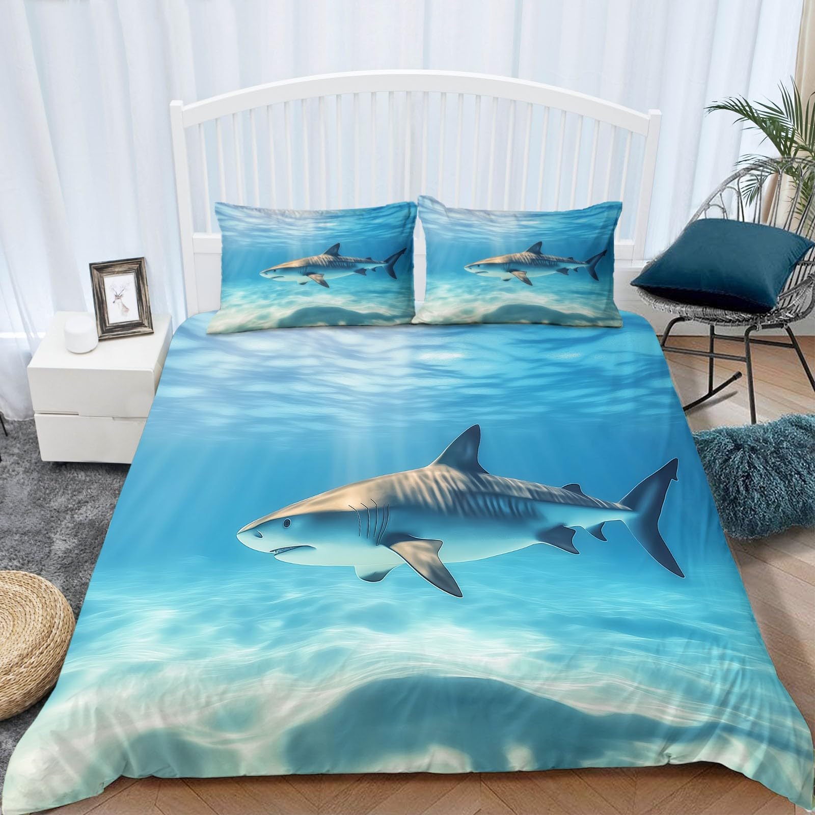 Bettwäsche 155x220 cm Unterwasser-Tigerhai Bettwäsche Set für Doppelbett mit Reißverschluss und 2 Kissenbezug 80x80 cm, Bettbezug Set 3 Teilig Bettdeckenbezug