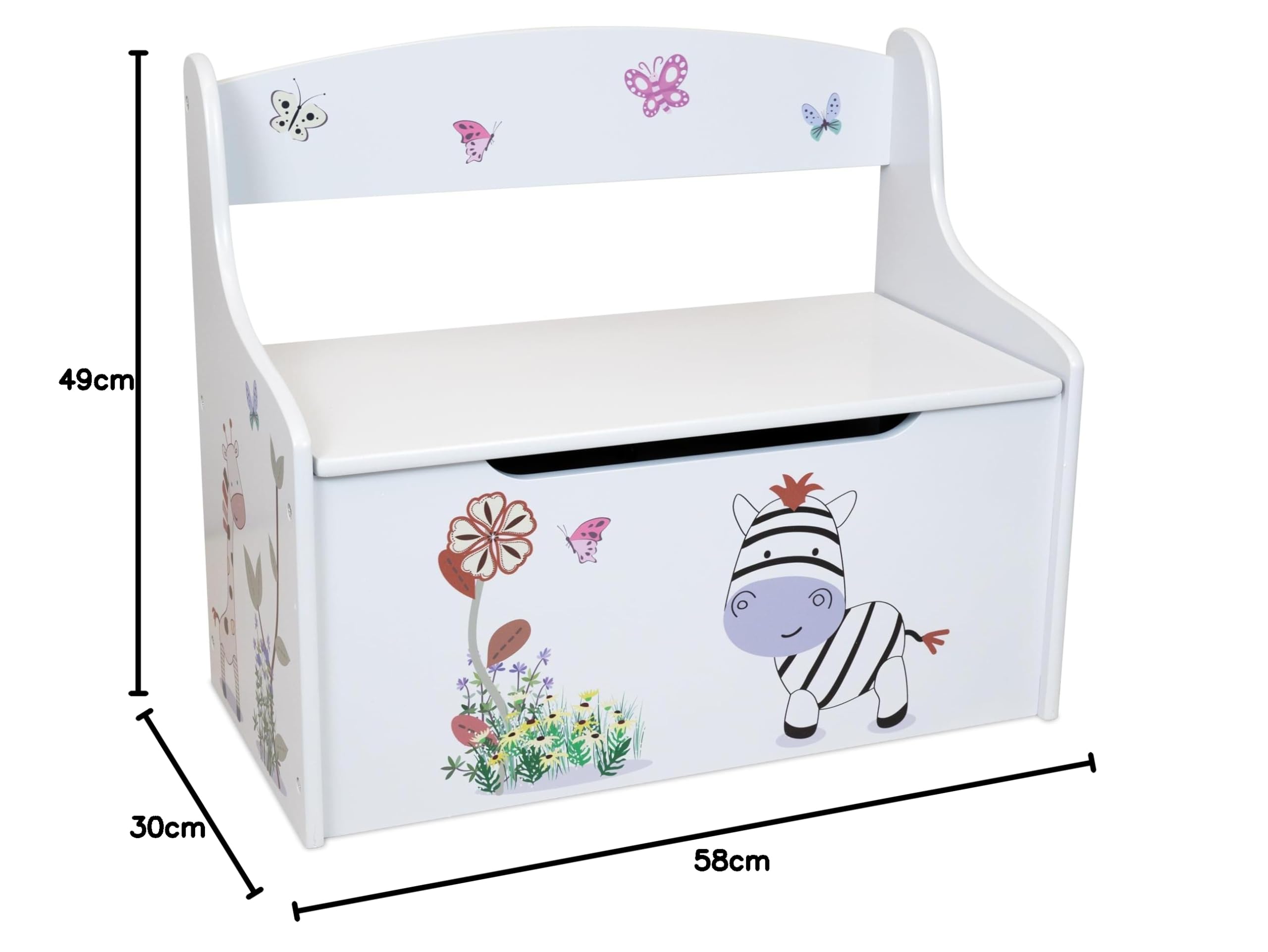 Teorema Giocattoli, Cassapanca Porta Giochi Bambini, Panca Contenitore 2 in 1 con Schienale, Baule in Legno con Coperchio di Sicurezza per Cameretta, Design Animali