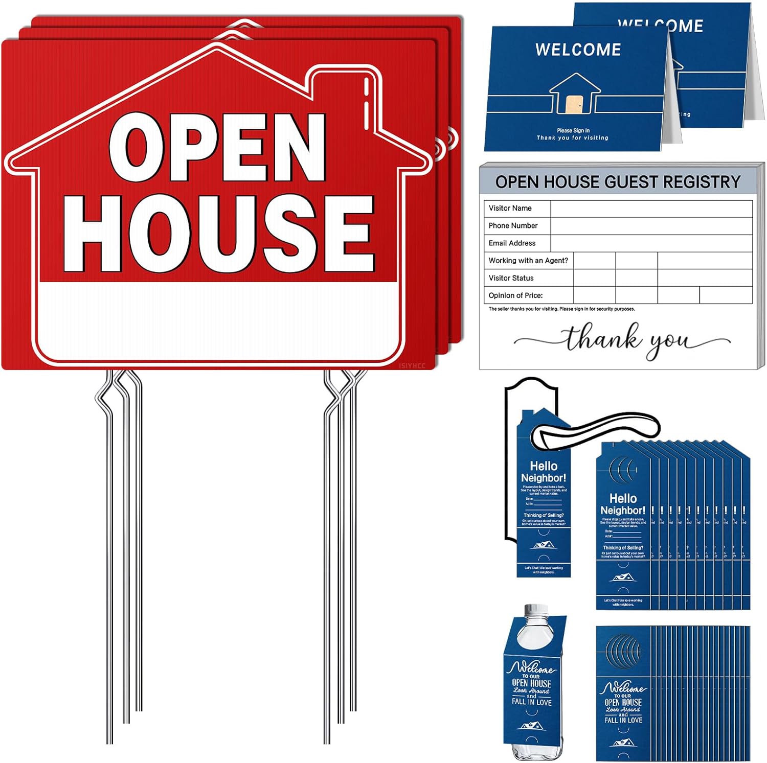 38 Pcs Open House Kit for Real Estate Agents - 3 Double-Sided Yard Signs with Stakes & Directional Arrow Stickers, Guest Register Sign In Book & Marketing Materials - Complete New Realtor Starter Bundle