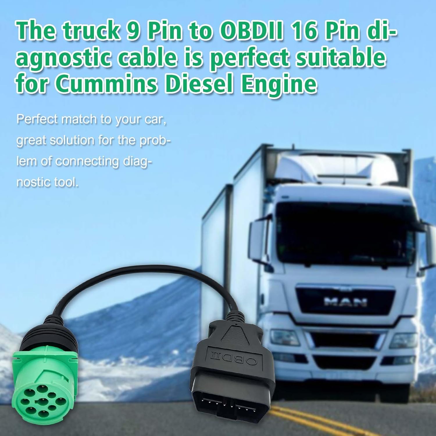 OBD2 to J1939 Green Type 2 Adapter Cable (16 Pin Male to 9 Pin Male) for Heavy Duty Trucks and Commercial Vehicles with 9 Pin to 16pin OBD II Truck Diagnostic Connector