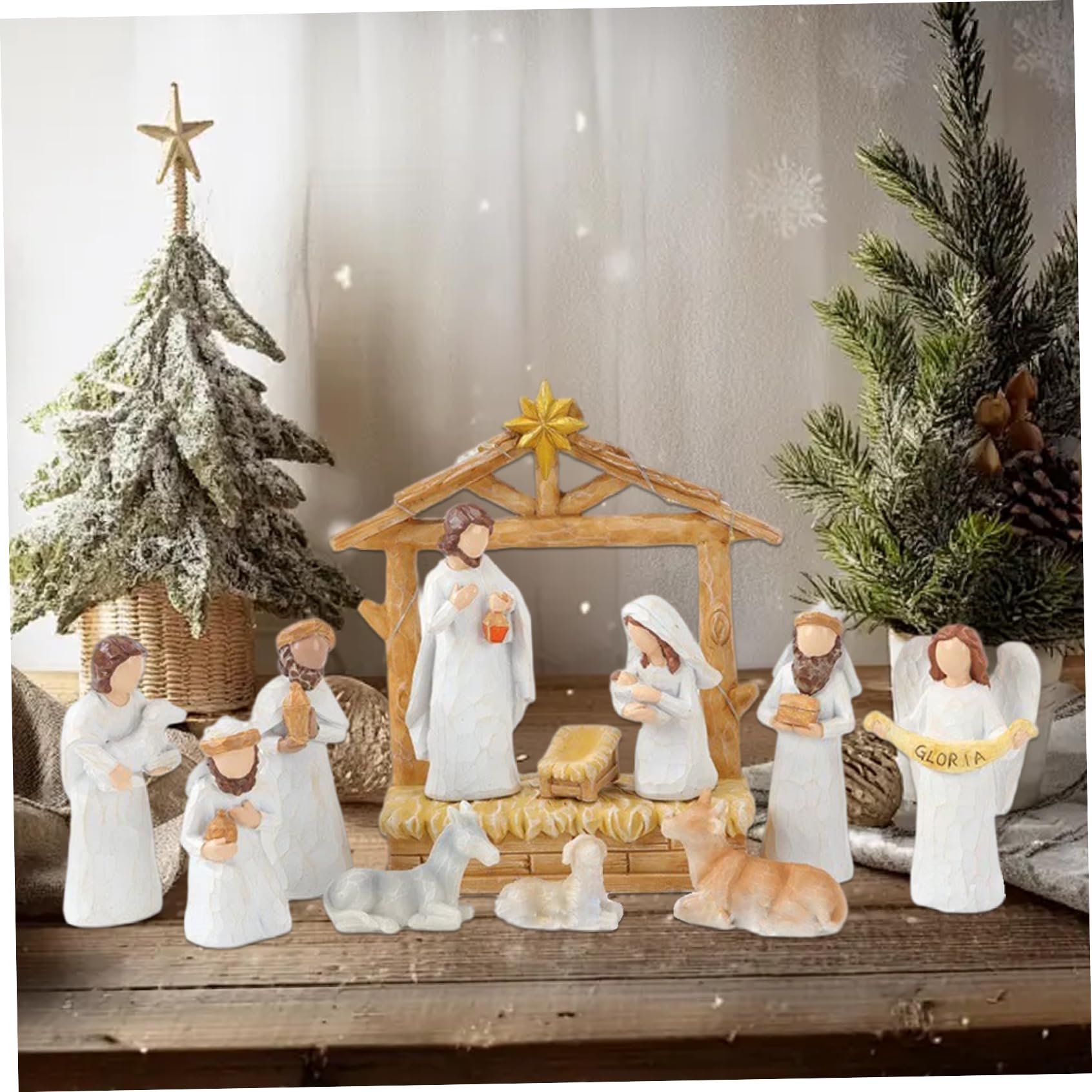Blanco Home Conjuntos y Figuras de Nacimiento Juego de 12 Belén de Resina con Luces navideñas para decoración navideña para niños y Familias..
