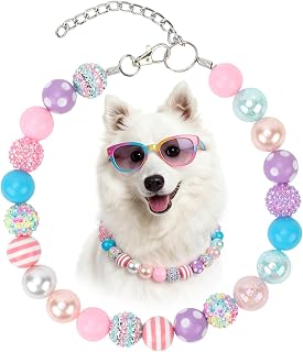BWOGUE Adjustable Bubblegum Dog Collar Necklace - Sparkly Candy Color Beaded Pet Collar Jewelry for Medium Large Dogs, Party Accessory for Dogs Birthday & Valentine’s Day Gifts(L,16.0"-19.0")